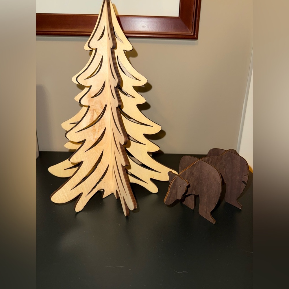 Crate&Barrel Natural Wood Tree and Bear Decor